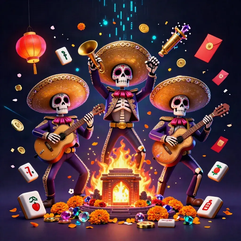 Skeleton mariachi trio amid ember relic, neon cyan sparks, casino treasures, and gold confetti.