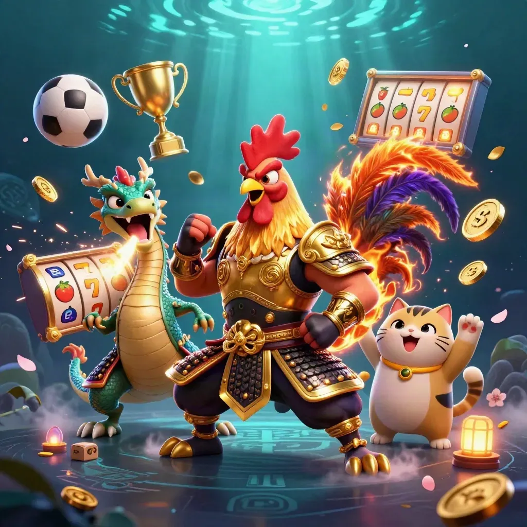 Rooster warrior, dragon hatchling, and fortune-cat amid casino loot and neon runes