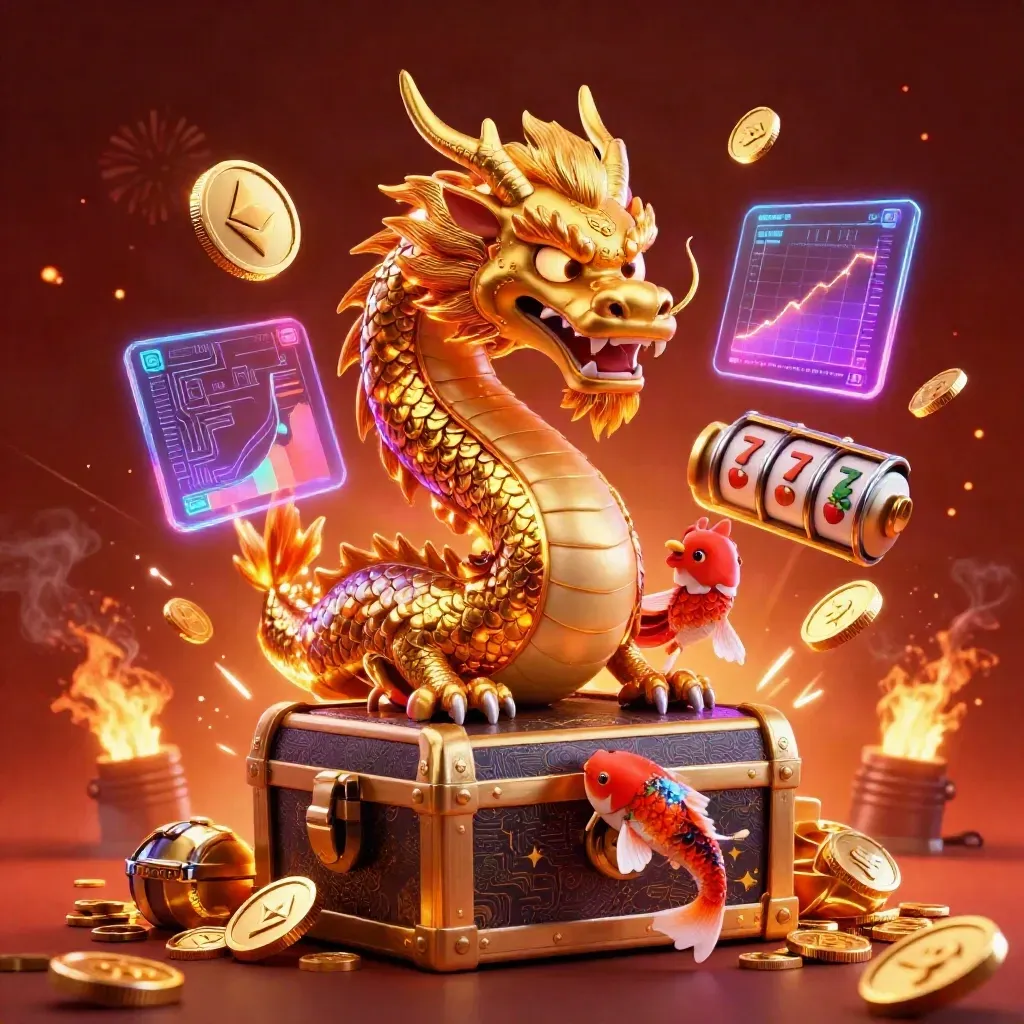 Golden dragon and phoenix burst from a chest with coins, reels, and neon casino effects.