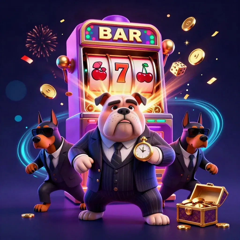 Bulldog boss and two Dobermans burst from a jackpot slot with gold coins, confetti, and neon glow.