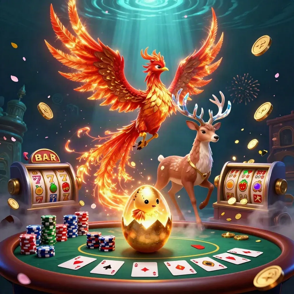 Phoenix, baby phoenix, and crystal stag amid coins, chips, vault treasure, and slot reels