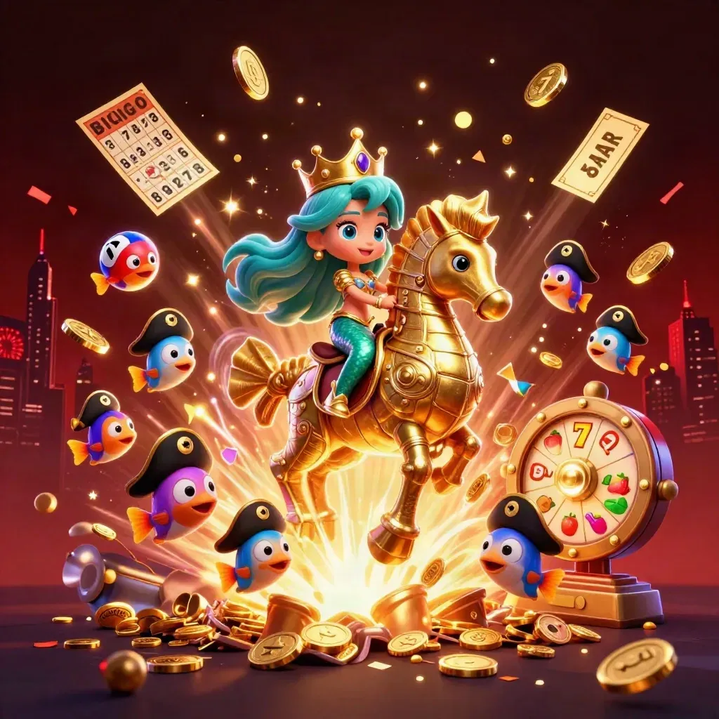 Mermaid princess on gold seahorse with pirate fish, coins, reels, fireworks, and jackpot glow.