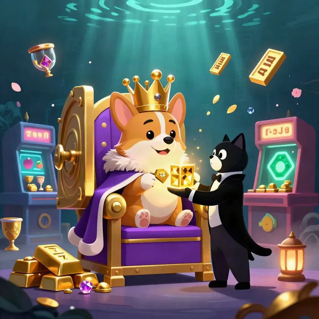 Royal corgi and cat butler on a chip throne amid vault gold, jewels, reels, and teal-blue light