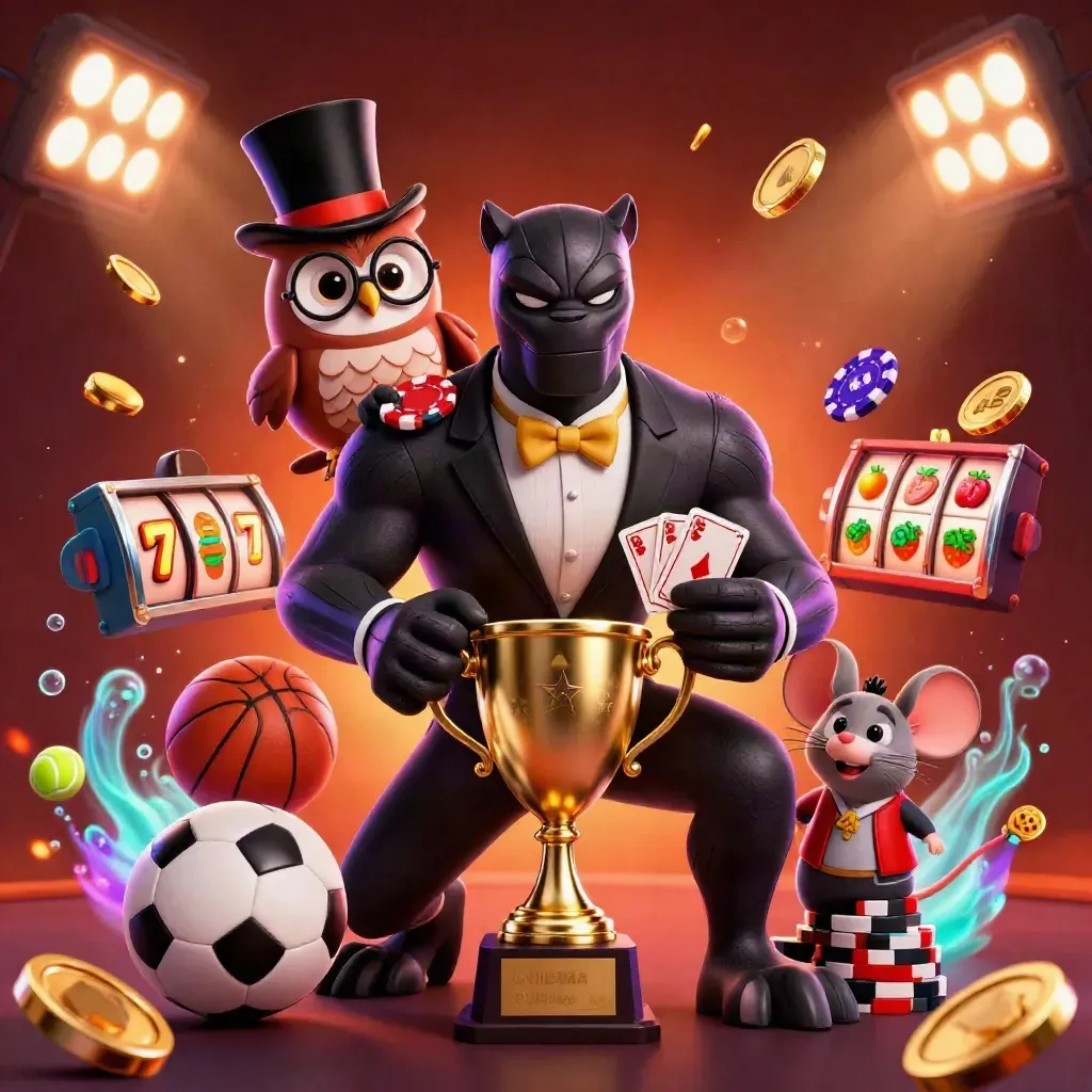 Panther, owl, and mouse casino heroes amid coins, sports balls, reels, trophy, and neon light.