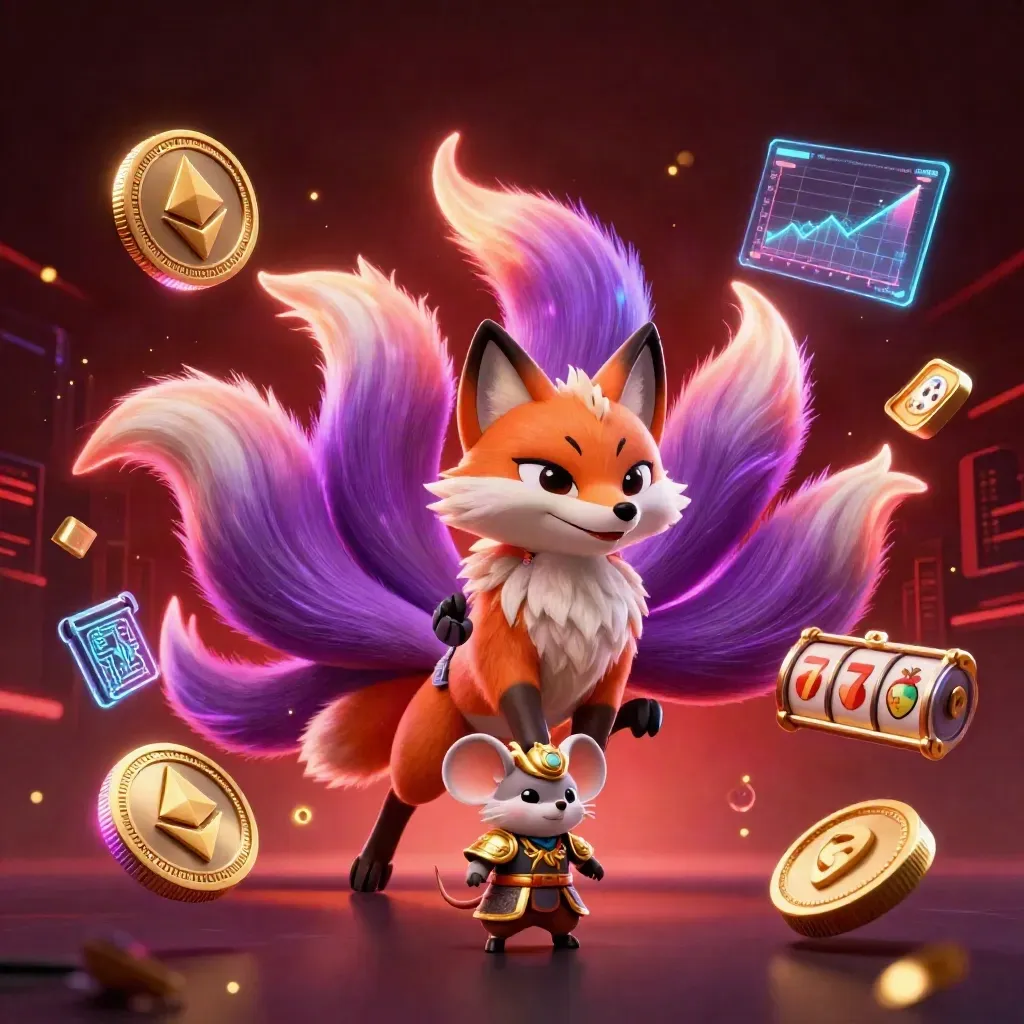 Nine-tailed fox spirit with armored mouse, casino coins, reels, lightning, and glowing neon effects