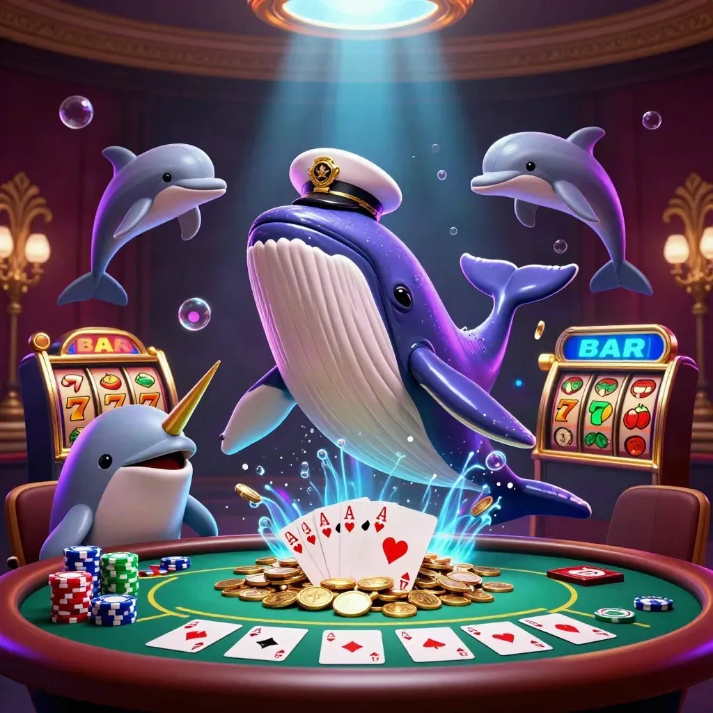 Captain whale, narwhal, and dolphins amid casino chips, cards, and purple-gold neon glow