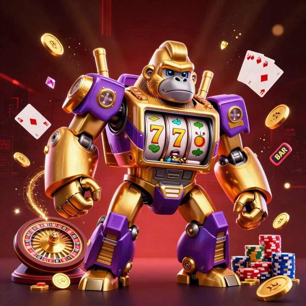Golden gorilla slot-mech with tiny monkey pilot, coins, roulette wheel, cards, chips, and neon glow.