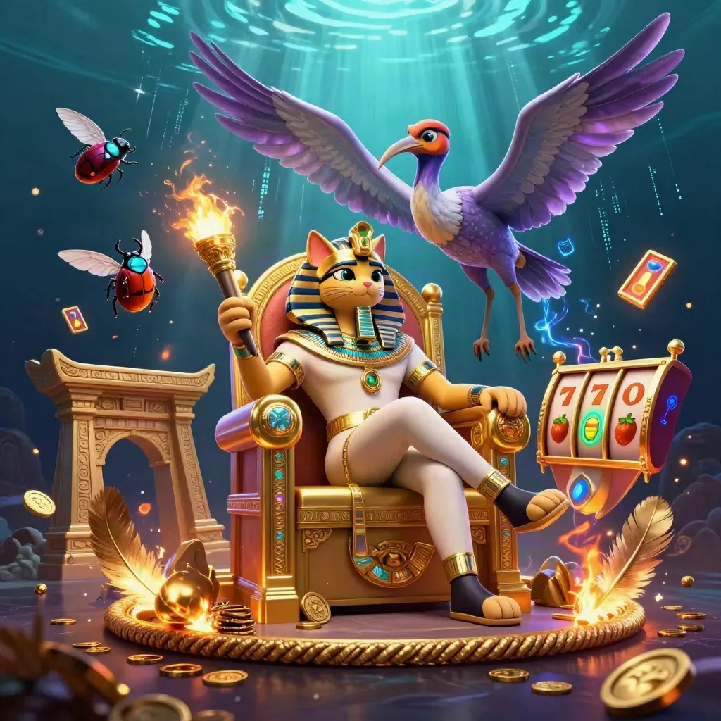 Pharaoh cat, ibis scribe, and gem-wing scarabs in luxe casino key art with slots and gold glow.
