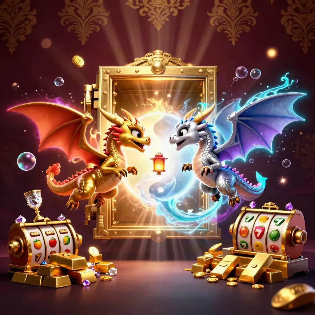Gold and silver dragons swirl around a glowing vault, treasure, slot reels, and a tiny spirit.