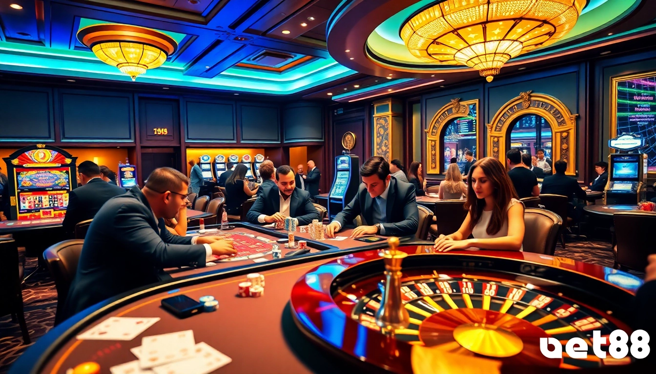 Excited gamblers enjoying games at Bet88 casino tables featuring cards and dice.