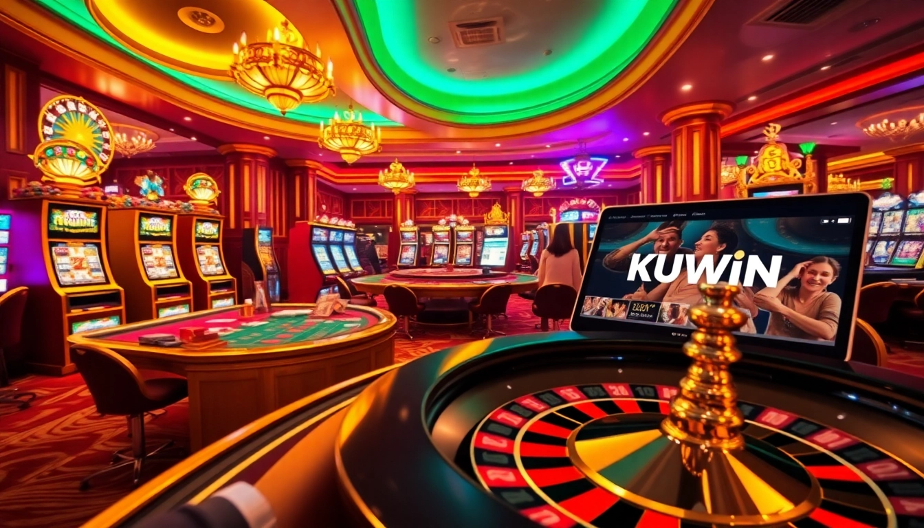 Kuwin players enjoy an exhilarating game at a luxurious casino table with vibrant slot machines.