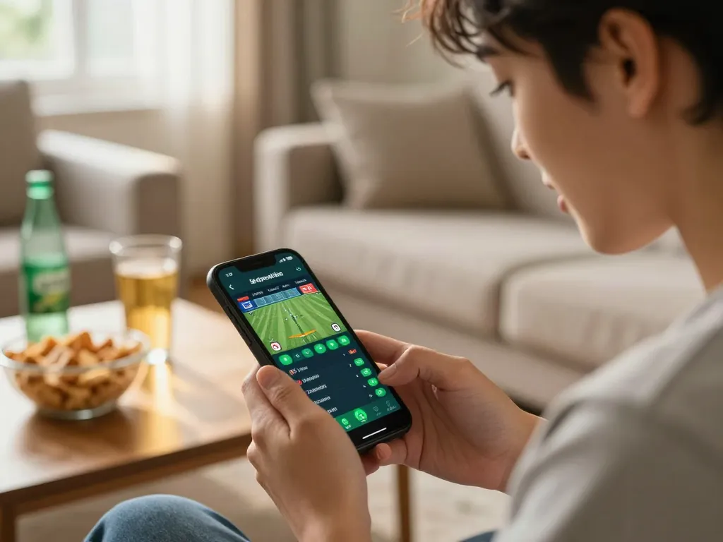 Person engaging in online sports betting on LV88 smartphone, surrounded by snacks and vibrant sports decor.