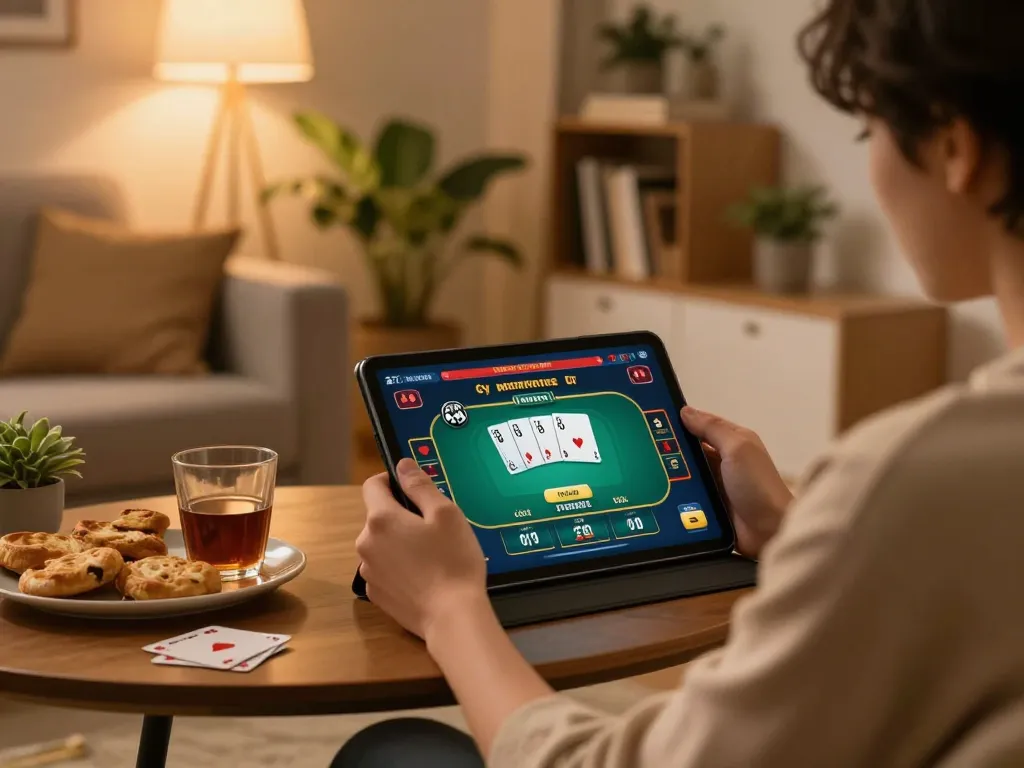 Engaging gameplay on trang chủ lc88 from a cozy home setup with poker game display on tablet.