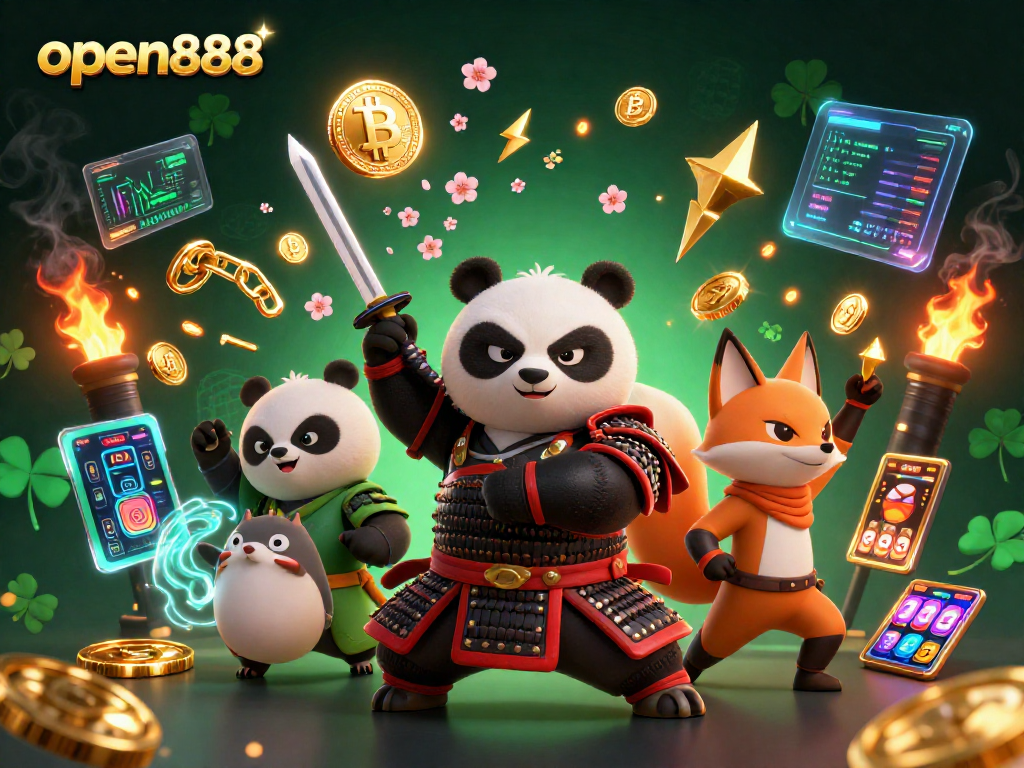 Experience the excitement of open888 with a vibrant 3D illustration featuring samurai panda and ninja fox in a dynamic casino setting.