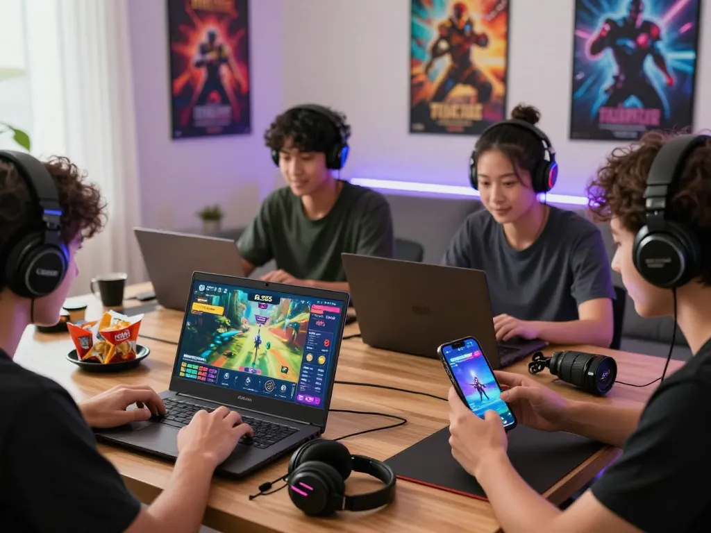 Exciting BL555 online gaming experience with players engaged on devices in a vibrant living room.