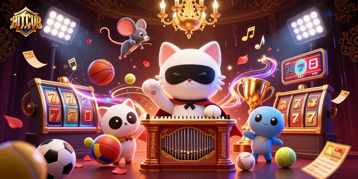 Experience HITCLUB's thrilling gameplay with a dazzling 3D casino scene showcasing a white cat phantom and dynamic lottery elements.