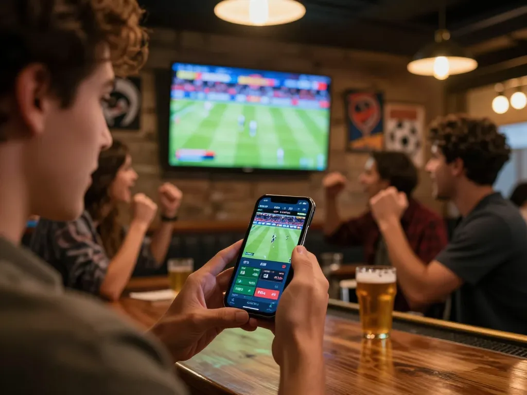 Excited gambler tracking live sports odds using 99ok mobile app in a vibrant sports bar.