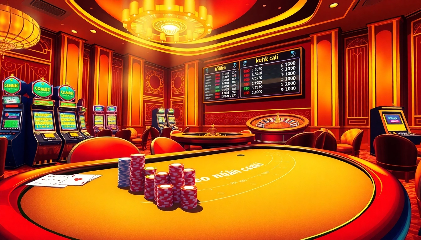 Kèo nhà cái highlights an exciting casino atmosphere with a blackjack table and vibrant slot machines.