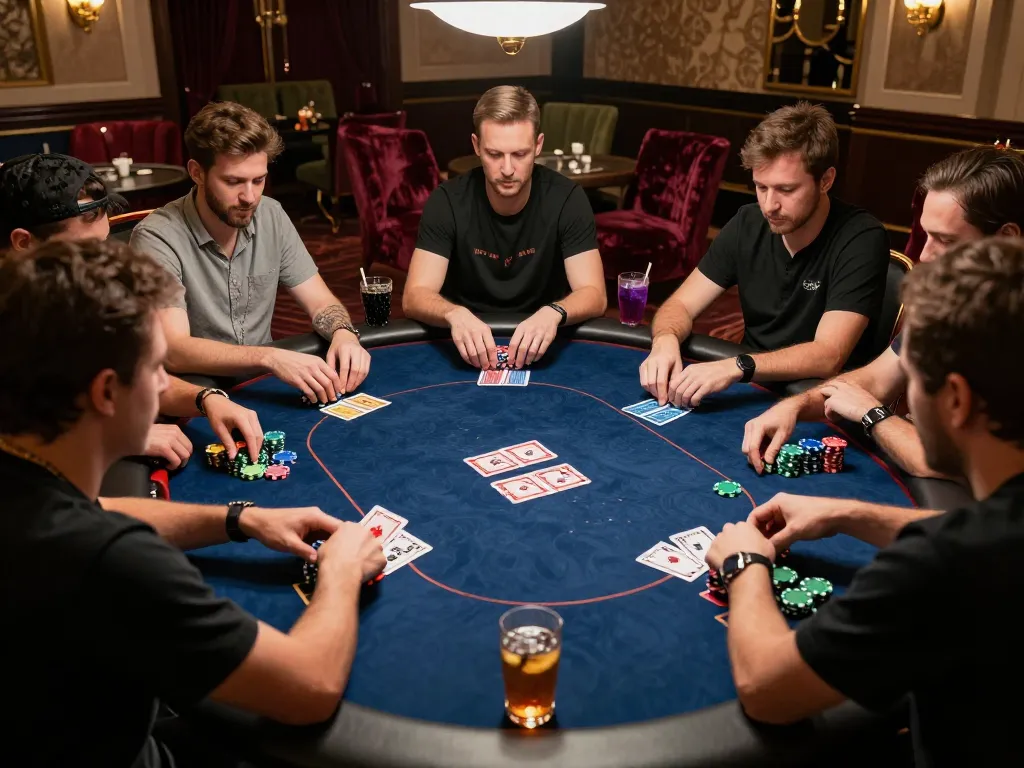MM88 poker game in upscale casino showcasing players strategizing bets and chips
