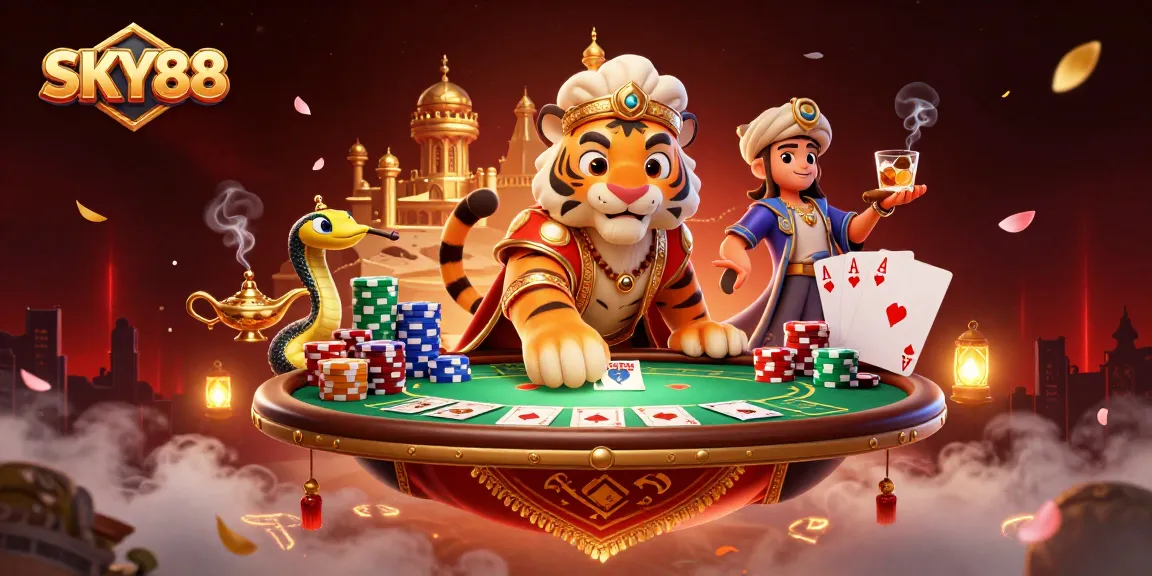 Experience gambling excitement with SKY88 in a vivid scene full of action, poker chips, and lively characters.