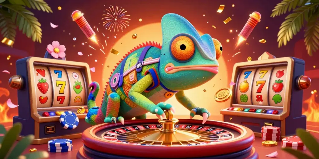 Engage with credit card slot sites featuring a chameleon casino owner and vibrant slot elements.
