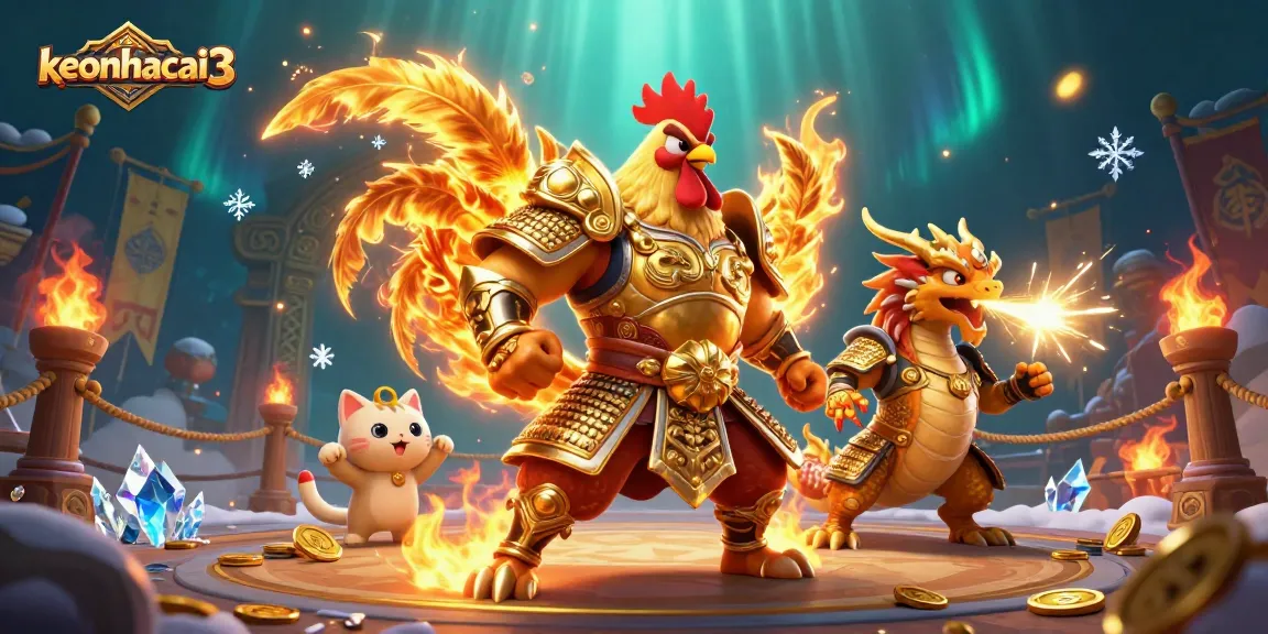 Experience thrilling action with keonhacai3 in an epic rooster warrior fight scene surrounded by casino elements.