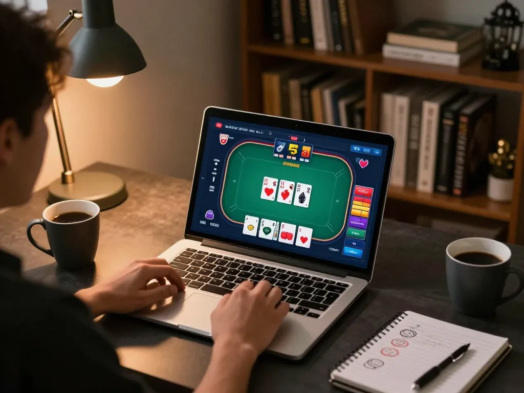 Player engaging in online poker at home using hitclub app on laptop with notebook nearby