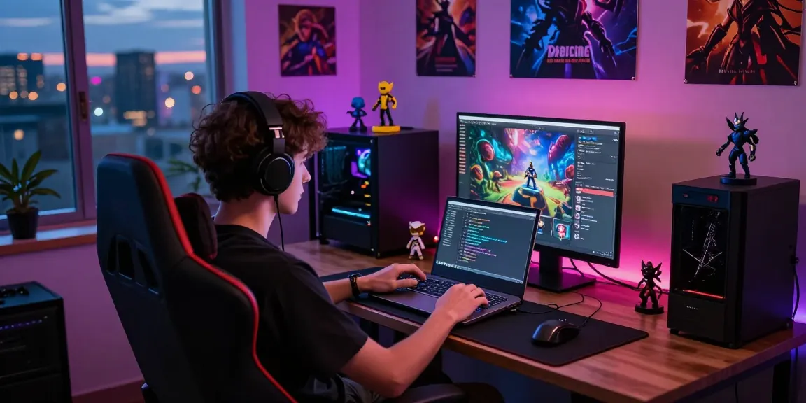 User engaged in mind control porn games at a stylish workspace, illuminated by vibrant RGB lights and gaming merchandise.