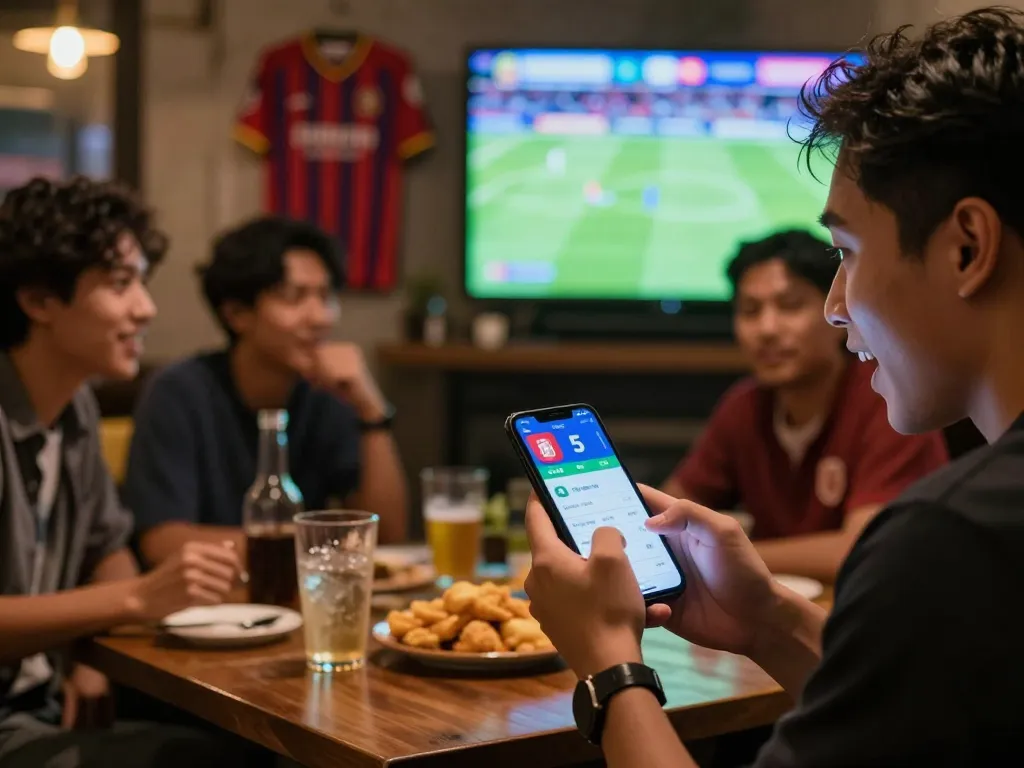Check the tỷ lệ kèo nhà cái 5 on a mobile app with friends during a sports match