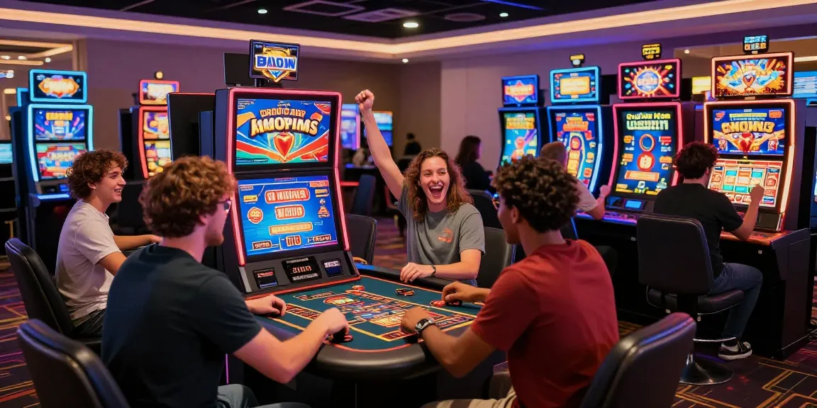 Exciting atmosphere at credit card casinos with players engaging in live dealer games and colorful slot machines.