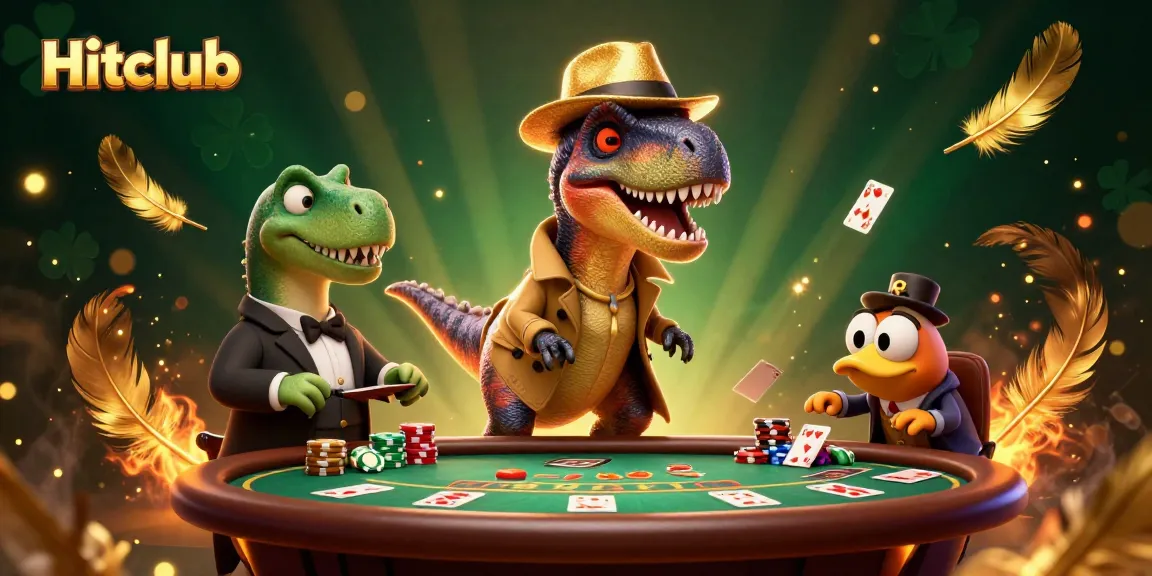 Experience the Hitclub with a cartoon velociraptor at a blackjack table surrounded by gambling elements.