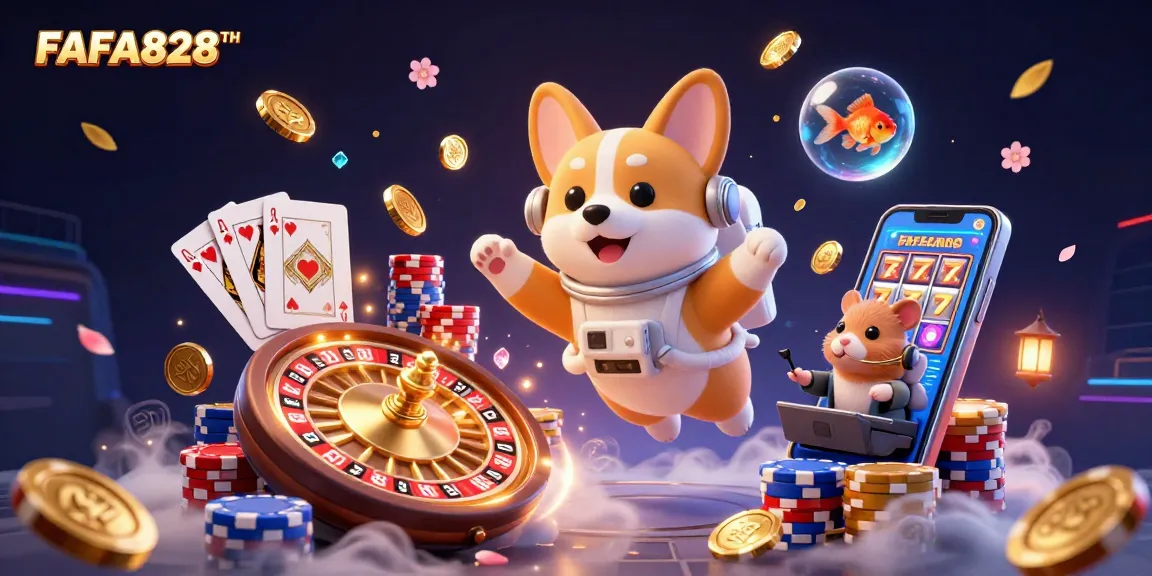 FAFA828TH invites you to enjoy a space-themed casino experience with floating elements and colorful characters.