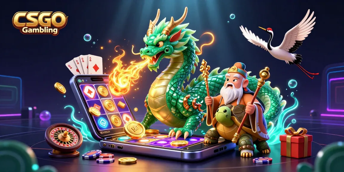 Ilustrasi Perjudian CSGO dengan naga giok, sage kura-kura, dan bangau yang menampilkan elemen permainan slot yang hidup.