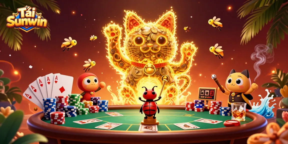 Engage with Tải Sunwin's thrilling casino experience through a dynamic illustration featuring a vibrant lucky cat and poker elements.