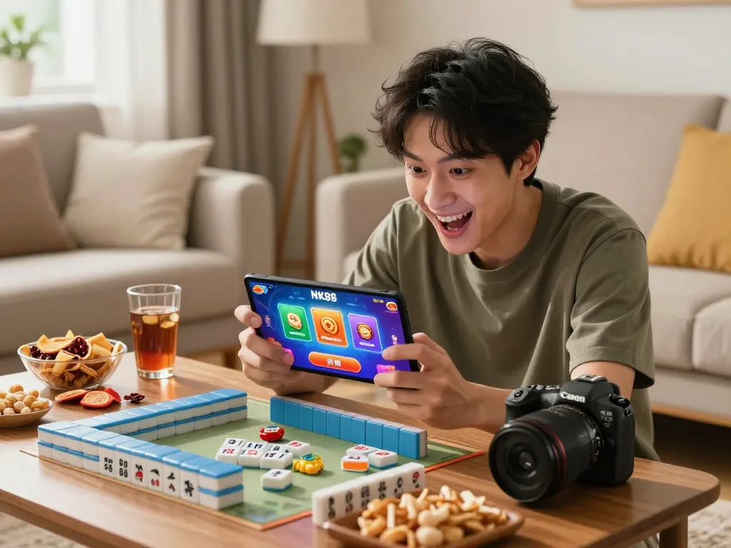 Player enjoying the NK88 game in a cozy living room filled with colorful mahjong tiles and rewards.