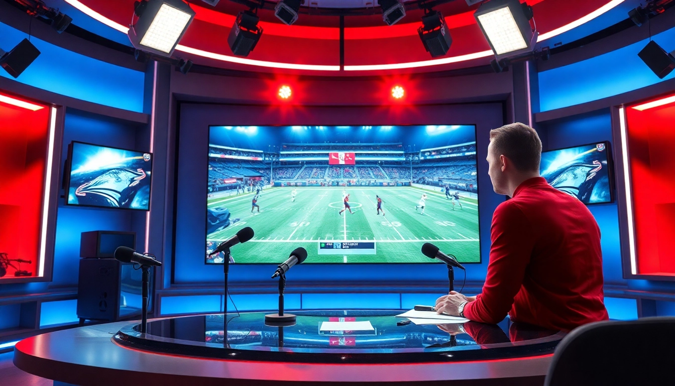 Dynamic sports broadcasting scene with an anchor showcasing live events.
