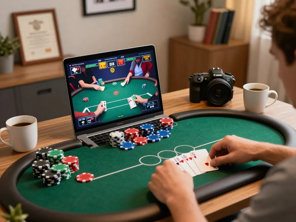 Engaged players strategizing in an online F168 poker game at home, showcasing relaxed atmosphere.