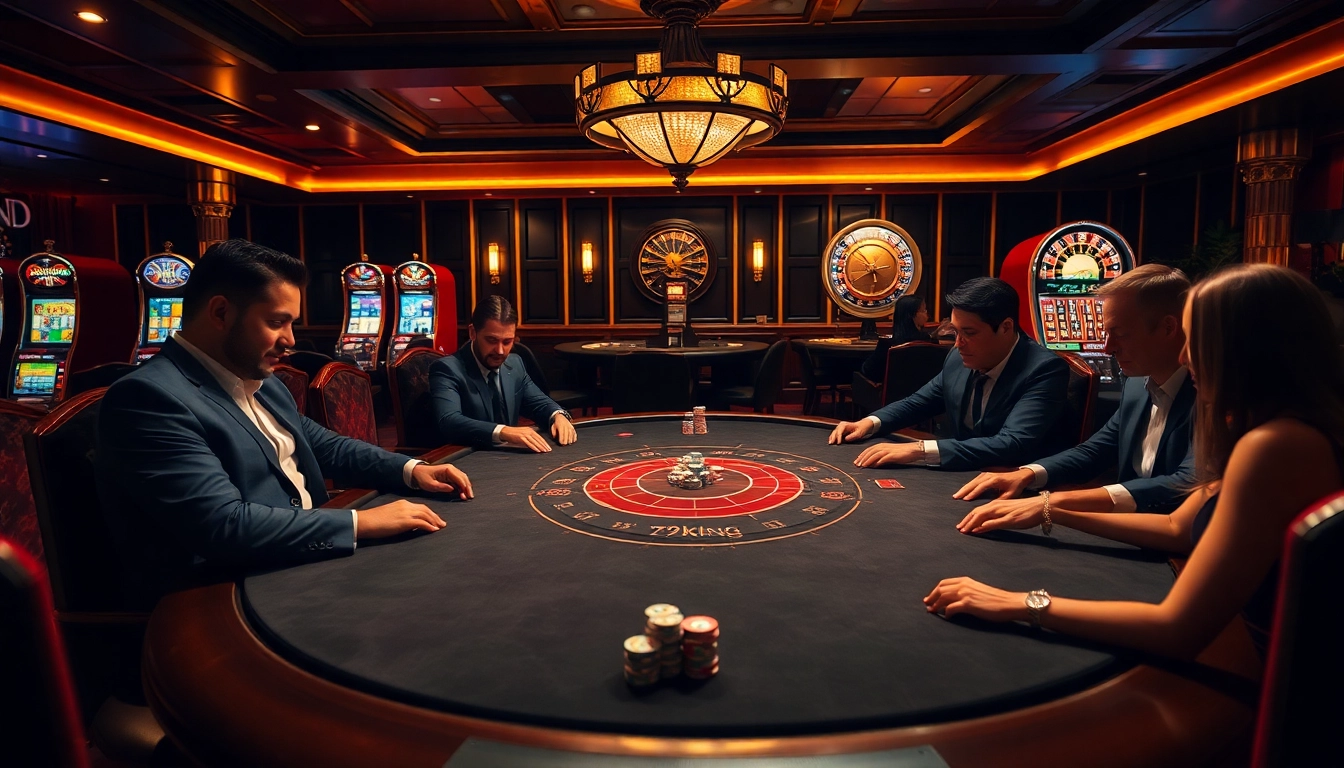 High-stakes poker game with players at the luxurious 79king casino, showcasing chips and cards.