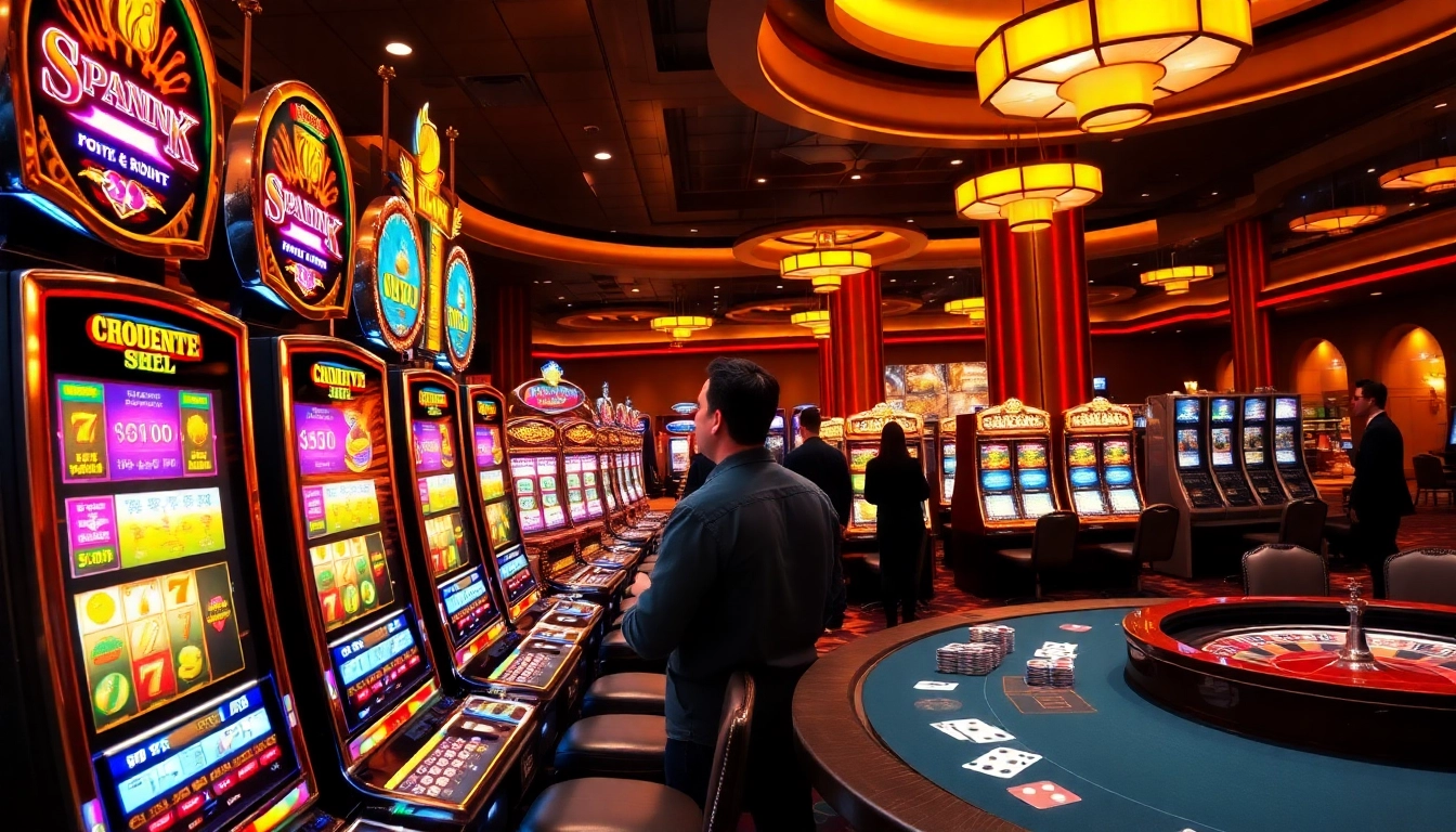 Player enjoying slot machines amidst vibrant casino atmosphere with poker chips and roulette table.