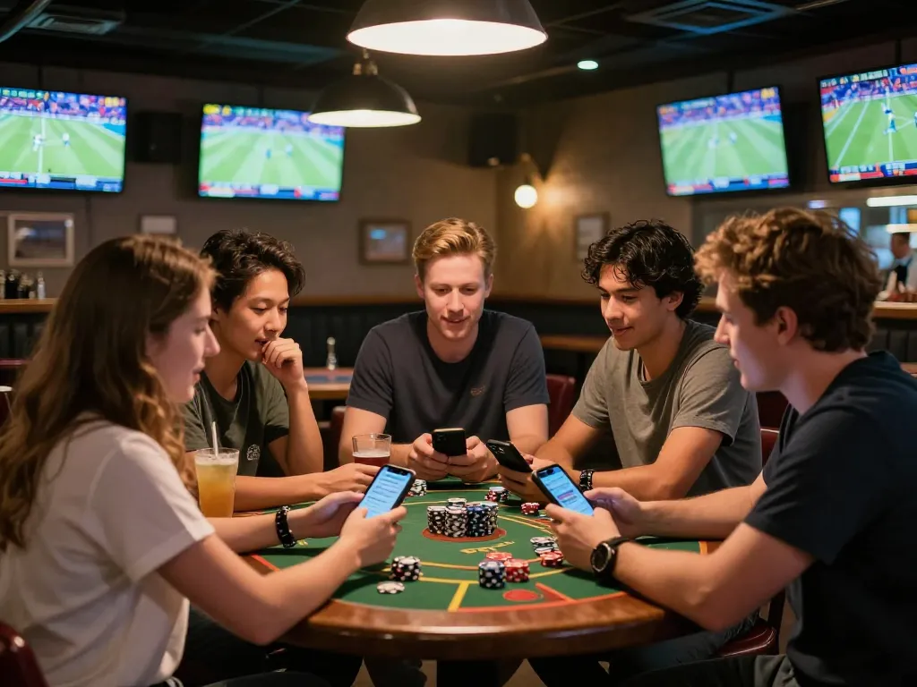 Friends engaging in MPOID sports betting at a lively indoor bar, capturing excitement and gaming action.