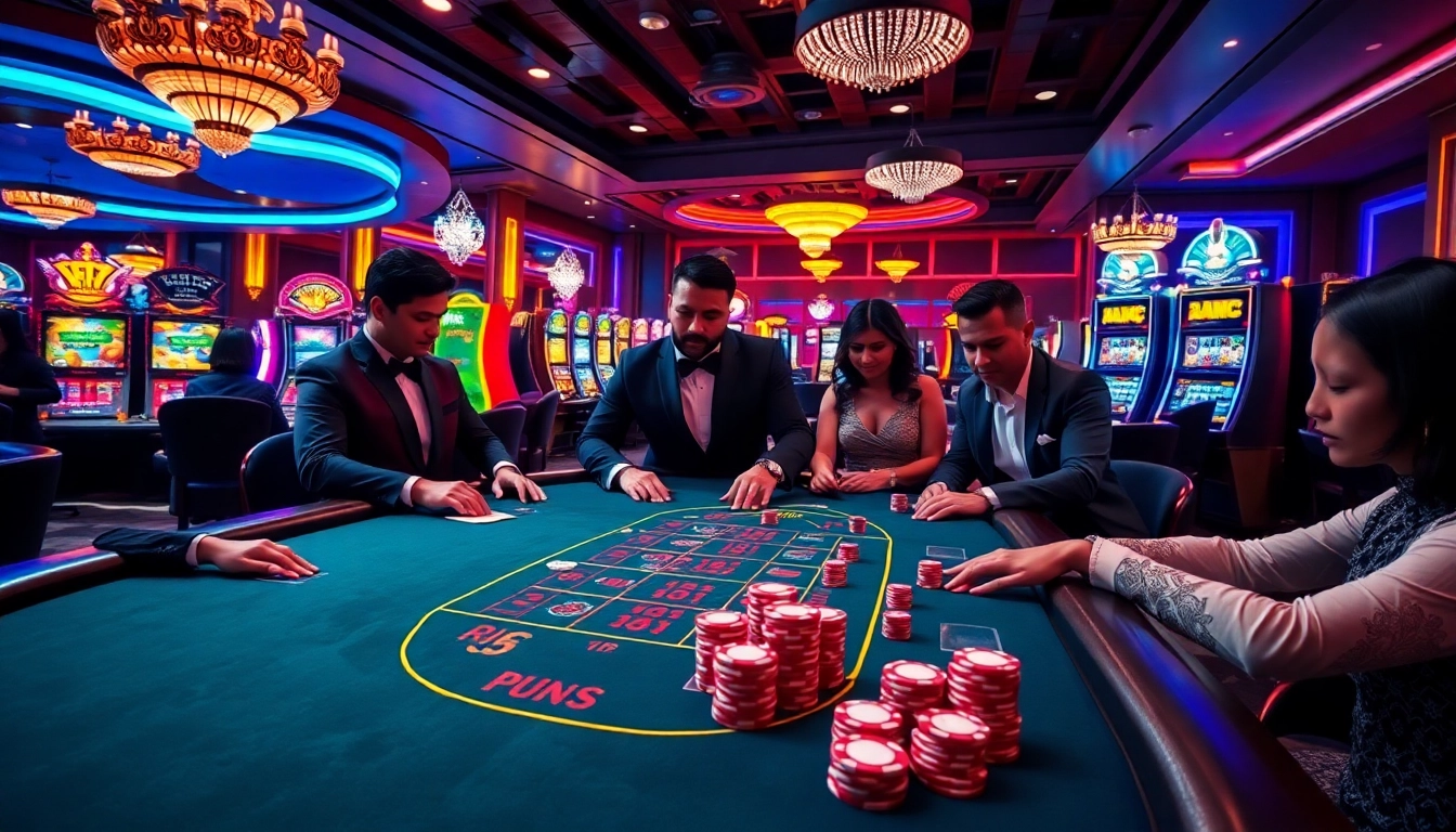 Experience the thrill of raja luck at a luxurious casino with vibrant gaming tables and excited players.