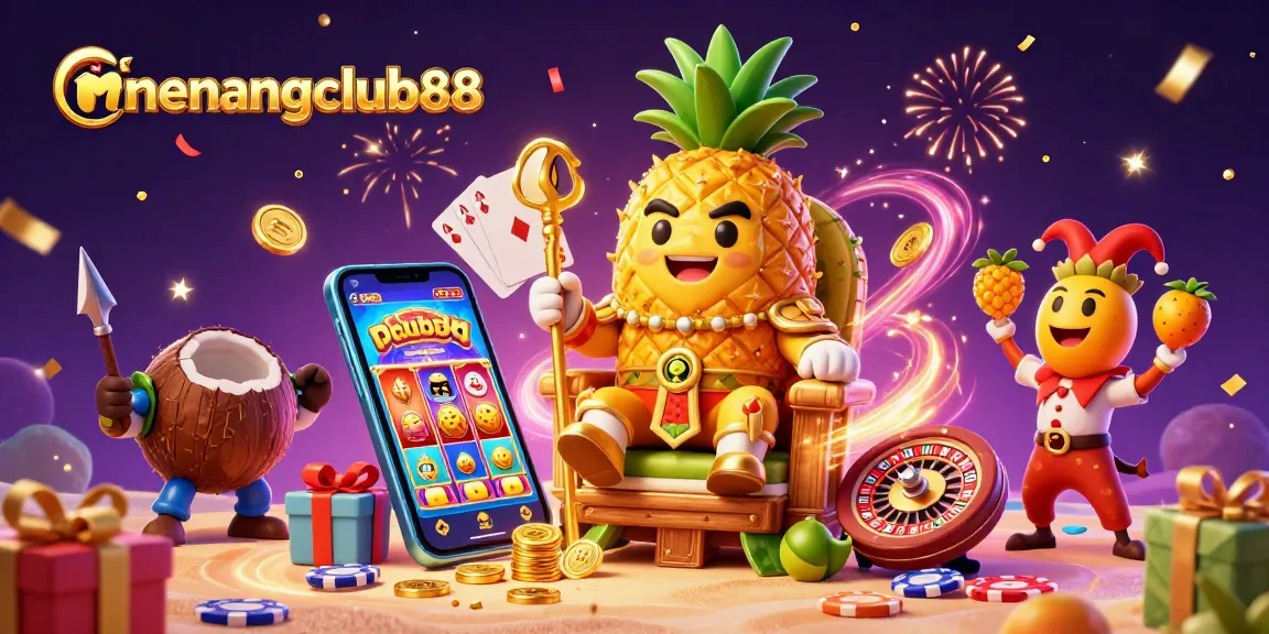 Experience the excitement of menangclub88 with vibrant casino elements featuring a golden pineapple king and festive atmosphere.