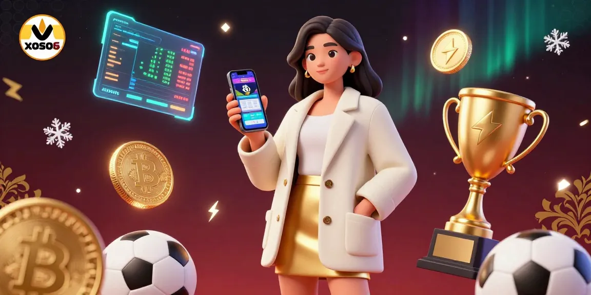 Engage with xoso 66's vibrant betting experience, showcasing a modern Asian woman using a sports betting app in a dynamic casino scene.