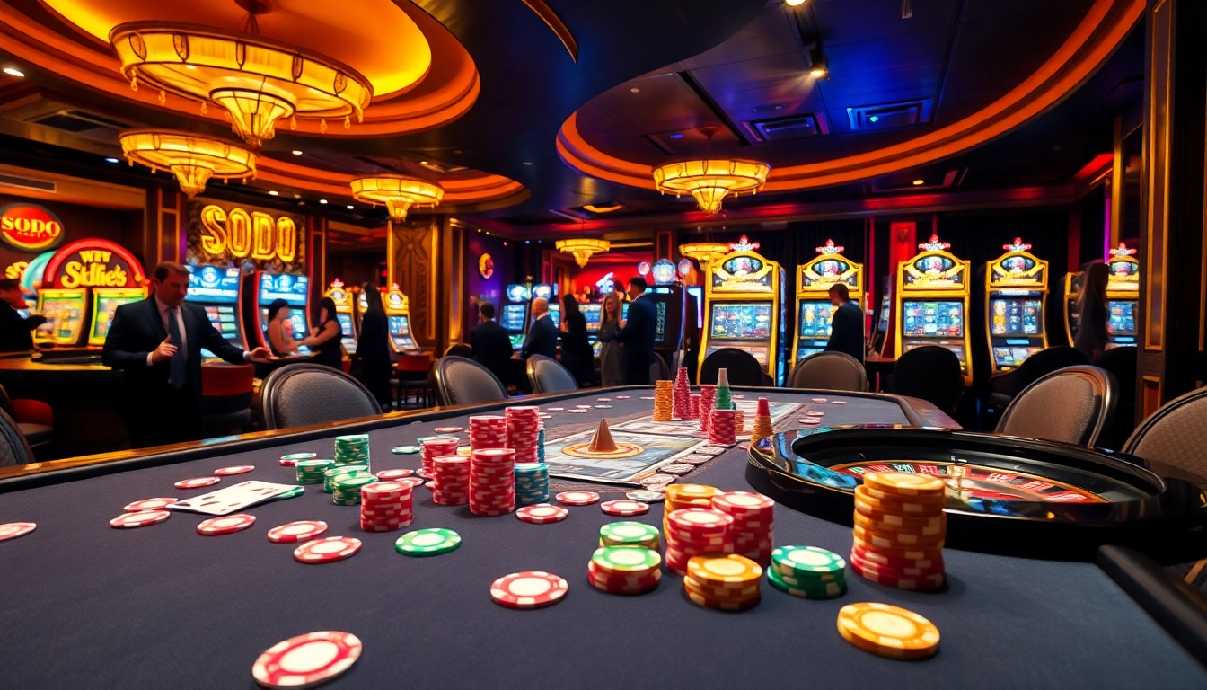 SODO casino gaming table with poker chips and a roulette wheel in a vibrant, luxurious setting.