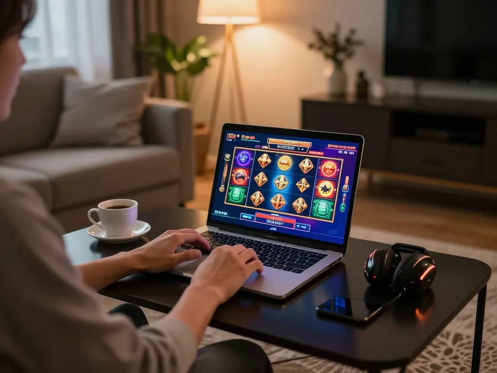 Kuwin player engaging in exciting online slot game in a cozy home setup.