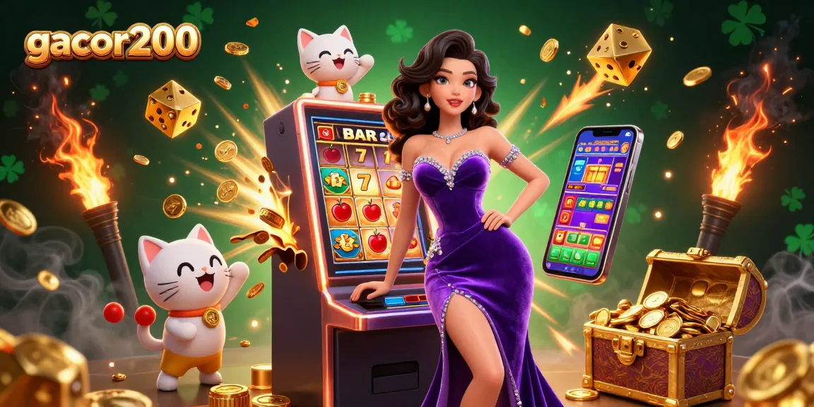 Experience gacor200’s vibrant casino excitement with a jackpot-winning slot scene full of coins and characters.