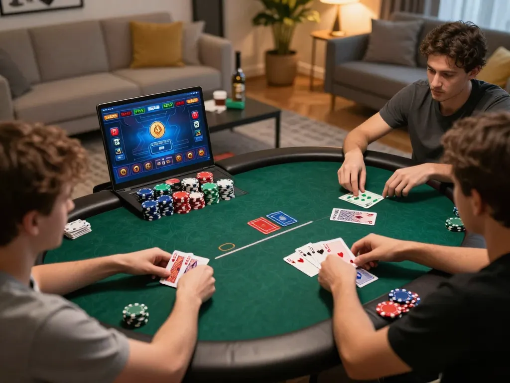 Engaging online poker game at AU88 with players' hands and colorful virtual chips creating excitement.