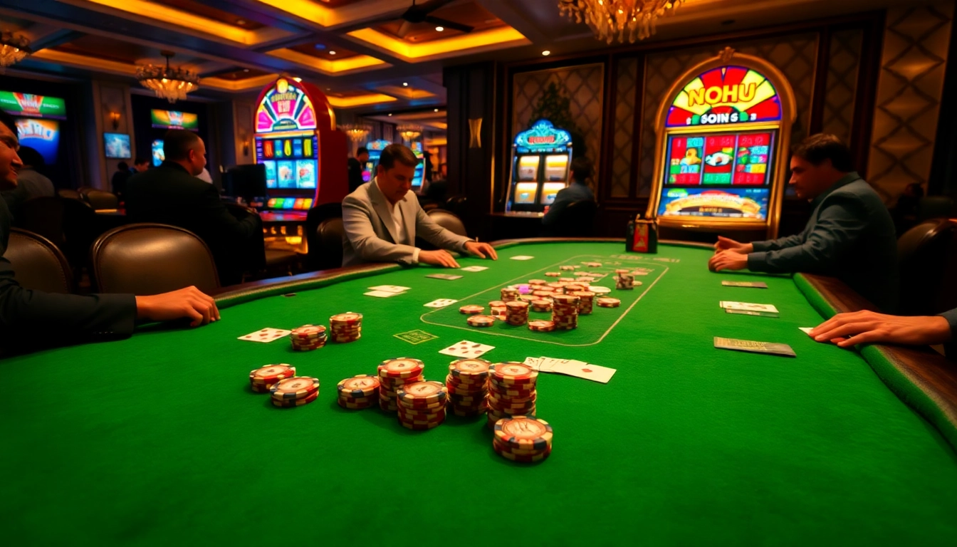 Nohu gaming experience at a luxurious casino with poker tables and vibrant slot machines.