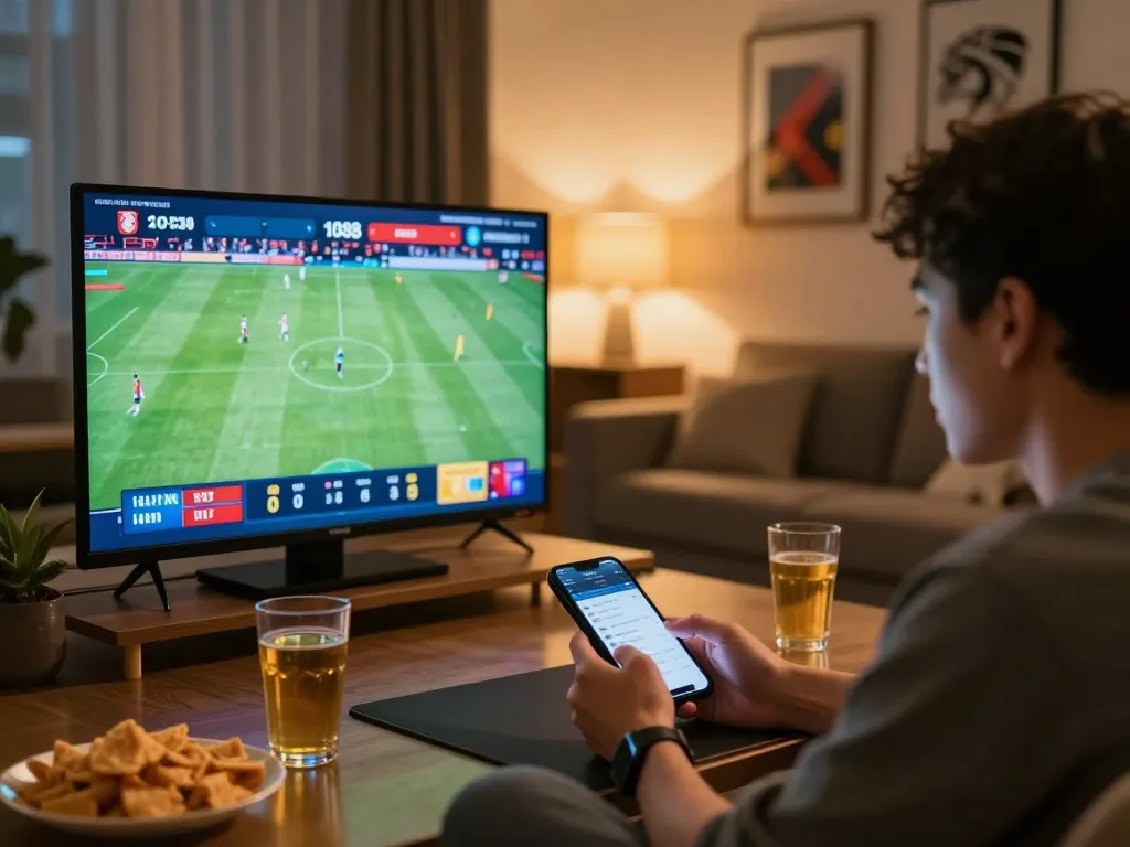 Engaging sports betting action on xo88 app in a cozy living room setting, showcasing excitement and strategy.