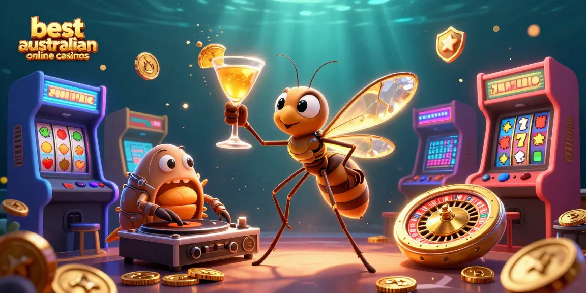 Experience excitement at the best australian online casinos with a vibrant casino scene featuring animated characters.
